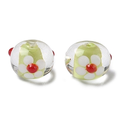 Белый Эмалевые бусины ручной работы в технике лэмпворк, бусины ручной работы, шероховатая круглая с цветком, белые, 15x10 мм, отверстие : 1.5 мм