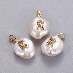 Letter R Подвески из натурального пресноводного жемчуга, с латунными микро проложить кубических выводы циркония, самородки с буквой, долговечный, золотые, красочный, буква r, 17~27x12~16x6~12 мм, отверстие : 4x2.5 мм