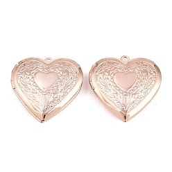 Розовое Золото Стойки обшивки латунь медальона подвески, фоторамки кулоны для ожерелий, без кадмия и без свинца, сердце с цветочным шармом, розовое золото , 29x29x7 мм, отверстие : 2 мм, внутренний диаметр: 20x21 мм
