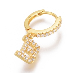 Letter B 925 Sterling Silver Hoop Earrings, Dangle Earrings, with Cubic Zirconia, with S925 Stamp, Letter, Clear, Golden, Letter.B, 20mm, Pendants: about 8.5x6x1.5mm, Pin: 0.6mm