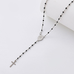 Black Vintage Resin Rosary Bead Necklaces, 304 Stainless Steel Religion Cross Virgin Pendant Necklaces for Women Men, Silver Color Plated, Black, 17.72 inch(45cm)