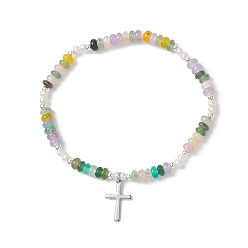 Белый Нефрит Пересечь 304 браслеты из нержавеющей стали очарование, Браслеты-рондели из натурального окрашенного белого нефрита и жемчуга для женщин, внутренний диаметр: 2.36 дюйм (6 см)