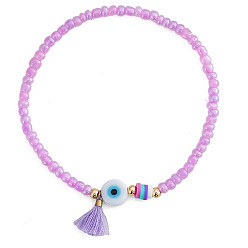 Орхидея Браслеты из стеклянного бисера, имитирующие оберег от сглаза, на резинке, браслеты с кисточками и подвесками для женщин, сиреневые, внутренний диаметр: 6.89 дюйм (17.5 см)