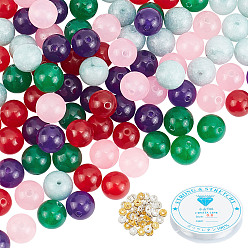 Gemischte Farbe Diy schmuck machen Kit, einschließlich natürlich gefärbter Malaysia-Jade-Perlen, Eisen Strass Spacer Perlen, Elastische Kordel Kristallschnur Kristall Faden, Gemischte Farbe, Malaysia-Jade-Perle: 8mm, Bohrung: 1 mm, 100 Stück / Karton