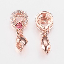 Real Rose Gold Plated Long-Lasting Plated Brass Micro Pave Cubic Zirconia Ice Pick Pinch Bails, Flat Round with Heart, Camellia, Real Rose Gold Plated, 19mm, Hole: 2x4mm, Pin: 0.6mm