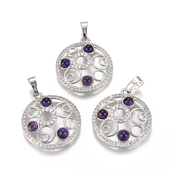 Amethyst Natural Amethyst Pendants, with Platinum Tone Brass Findings and Crystal Rhinestone, Flat Round, 29x25.5x4.5mm, Hole: 4.5x8mm