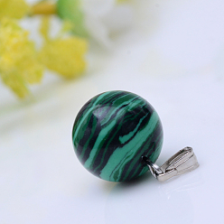 Малахит Синтетического малахита подвески, с фурнитурой платина железная, круглые, 17x14 мм, отверстие : 2.5x6 мм