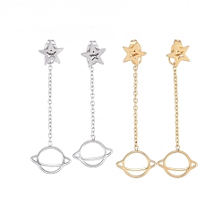 Mixed Color 304 Stainless Steel Chain Tassel Earrings, with Ear Nuts, Star with Planet, Mixed Color, 47mm, Pin: 0.7mm, Star: 8.5x9x1.5mm, Planet: 12x14.5x1.5mm