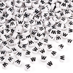 Letter W 500шт акриловые бусины, с горизонтальным отверстием, буквы, плоско-круглые, Буква W, 7x4 мм, отверстие : 1 мм