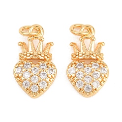 Настоящее золото 18K Подвески из латуни с микро-паве ко Дню святого Валентина, прозрачные циркониевые подвески, без никеля , сердце с подвесками в виде короны, реальный 18 k позолоченный, 14x8x2.5 мм, отверстие : 1.8 мм
