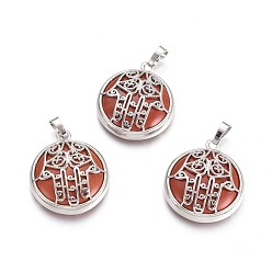 Красный Камень Природные красной яшмы подвески, с латунной фурнитурой платинового цвета, квартира с рукой хамсы/рукой мириам, 31x27.5x8.5 мм, отверстие : 6.5x4 мм