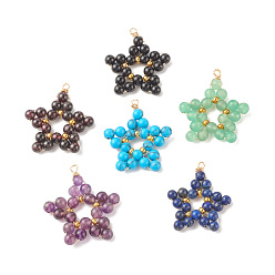Mixed Color Natural Gemstone Pendants, with Eco-Friendly Light Gold Tone Copper Wire Wrapped, Star, Mixed Color, 28x26x4mm, Hole: 2mm