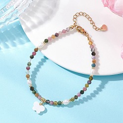 Разноцветный Браслеты с подвесками в виде бабочек и натурального культивированного пресноводного жемчуга, Браслеты из натуральных флюоритовых бусин для женщин, С пресноводной оболочкой, красочный, 7.32 дюйм (18.6 см)