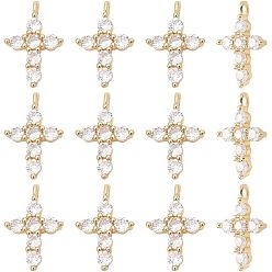Настоящее золото 18K 12 кулоны из латуни с микрочастицами и кубическим цирконием., без кадмия и без свинца, долговечный, крестик, прозрачные, реальный 18 k позолоченный, 14x9.5x3 мм, отверстие : 1.2 мм