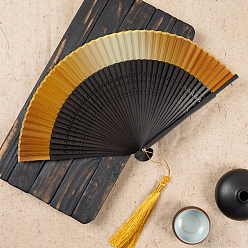 Dark Goldenrod Chinese Style Folding Fan with Tassel, Bamboo Hand Fan for Party Wedding Dancing Decoration, Dark Goldenrod, 215mm