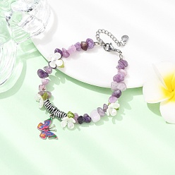 Лепидолит Браслеты из сплава с подвесками в виде бабочек с принтом, Комплекты браслетов из натуральных бусин лепидолита и немагнитного синтетического гематита для женщин, 7-3/8 дюйм (18.6 см)