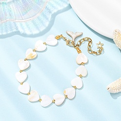 Белый Браслеты из ракушечного жемчуга для женщин, сердце, с сплава эмали прелести, белые, 8 дюйм (20.3 см)