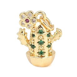 Зеленый Латунные микро проложить кубического циркония подвески, без кадмия и без свинца, реальный 18 k позолоченный, кактус прелести, зелёные, 15.5x12.5x8 мм, отверстие : 3.5 мм