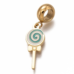 Sea Green 304 Stainless Steel Enamel European Dangle Charms, Large Hole Pendants, Lollipop Shape, Golden, Sea Green, 28mm, Hole: 4.5mm, pendants: 19.5x7.5x1.5mm.