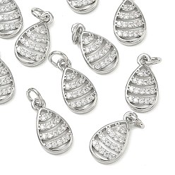 Real Platinum Plated SHEGRACE Brass Micro Pave Cubic Zirconia Pendants, Cadmium Free & Nickel Free & Lead Free, Teardrop Charms, Clear, Real Platinum Plated, 15x8.5x2.5mm, Hole: 3.5mm