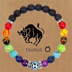 Телец 12 созвездия 7 чакра натуральная лава, агат, аметист, тигровый глаз, бирюза и стеклянные круглые бусины, растягивающиеся браслеты, Телец, 7-1/4 дюйм (18.5 см)