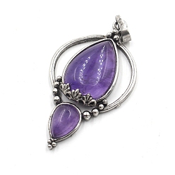 Аметист Природный аметист большие кулоны, антикварные латунные подвески-капли серебристого цвета, 50x28x7 мм