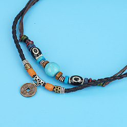 Плоский Круглый Ожерелья из сплава, синтетического немагнитного гематита и дерева с подвеской в виде двухслойного матового шнура для мужчин, античное серебро, плоско-круглые, 17.72 дюйм (45 см)