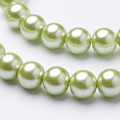 Pale Green Eco-Friendly Dyed  Glass Pearl Round Bead Strands, Cotton Cord Threaded, Green Yellow, 8mm, Hole: 0.7~1.1mm, about 52pcs/strand, 15 inch
