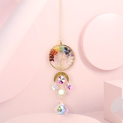 Круглые Обернутые проволокой подвески из натуральных смешанных драгоценных камней «Древо жизни», Лунное солнце и стеклянные каплевидные ловцы солнца с кисточками для оконных подвесных украшений, круглые, 375 мм