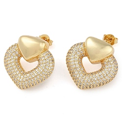 Настоящее золото 18K Серьги-гвоздики в форме сердца из прозрачного кубического циркония, украшения из латуни для женщин, реальный 18 k позолоченный, 19x19.5 мм
