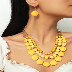 Желтый Комплекты из плоских круглых и многослойных бус и висячих серег из смолы, комплекты украшений из золотого сплава, желтые, 420 мм