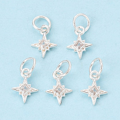 Серебро 925 подвески в форме звезд из стерлингового серебра с прозрачным паве из циркония, серебряные, 10x7~7.5x1.5 мм, Перейти кольцо: 5x0.5 мм, внутренний диаметр: 4 мм