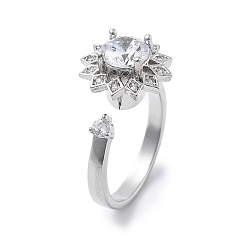 Платина Вращающиеся открытые манжеты-кольца для женщин с изображением подсолнечника, латунные кольца-спиннеры с микро-паве и прозрачным кубическим цирконием, платина, 13x12.5 мм, размер США 6 (16.5 мм)