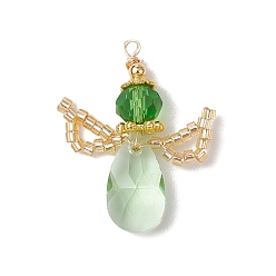 Зеленый лайм Стеклянные подвески, ангельские прелести, с латунной бусиной, стеклянным бисером и круглой петлей из экологически чистой медной проволоки, граненые, зеленый лайм, 31~32x22~25x8 мм, отверстие : 1.8 мм