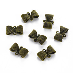 Olive Flocky Brass Links Connectors, Nickel Free, Bowknot, Olive, 8x12x3.5mm, Hole: 0.7mm