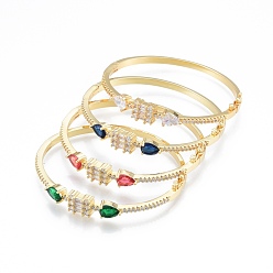 Mixed Color Cubic Zirconia Rectangle with Teardrop Hinged Bangle, Golden Brass Jewelry for Women, Mixed Color, Inner Diameter: 2x2-1/4 inch (5.1x5.8cm)
