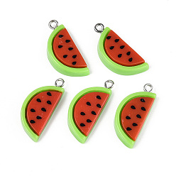 Pastèque Pendentifs en résine de fruits, avec les accessoires en fer de platine, pastèque, 26.5x11.5x5.5mm, Trou: 2mm