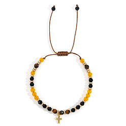 Смешанные камни Богемный натуральный смешанный драгоценный камень круглые бусины плетеные браслеты из бисера, браслеты с подвесками из латуни для женщин, внутренний диаметр: 11 дюйм (28 см)