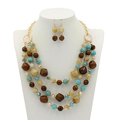 Coconut Brown Alloy & Resin Beaded Multilayer Necklaces & Dangle Earrings Sets, Golden, Coconut Brown, 460mm