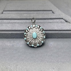 Небесно-голубой 925 Кулон-медальон из стерлингового серебра с инкрустацией синтетической бирюзой, окрашенной в технике паве., полые цветок прелести, серебряный цвет гальваническим, голубой, 30x27 мм