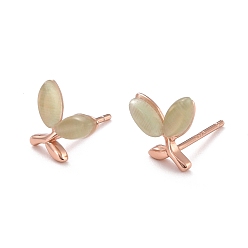 Dark Sea Green Leaf 925 Sterling Silver Stud Earrings, Dainty Cat Eye Beaded Post Earrings for Girl Women, Rose Gold, Dark Sea Green, 11x8.5mm, Pin: 1mm