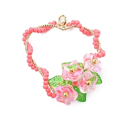 Светло-Коралловый Подвески в форме сердца из стеклянных бусин, с цветком и настоящим 18k позолоченным кольцом для прыжка, свет коралловый, 35~37x31~35x15~18 мм, отверстие : 3.5 мм