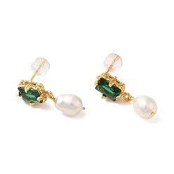 Real 18K Gold Plated Sterling Silver Studs Earrings, with Natural Pearl,  Glass, Jewely for Women, Real 18K Gold Plated, 19x7.5mm