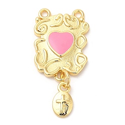 Бледно-Розовый Латунь эмаль подвески, реальный 18 k позолоченный, без кадмия и без свинца, долговечный, прямоугольник с подвесками в виде сердечек, розовый жемчуг, 32x15x2 мм, отверстия : 1.5 mm и 1.6 мм