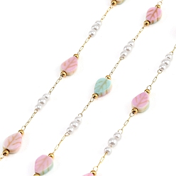Colorful Handmade Stainless Steel & Natural Shell & ABS Plastic Pearl Beaded Link Chains, Teardtop, Spray Painted, Soldered, with Spool, Colorful, 6.5x5.5x2.5mm