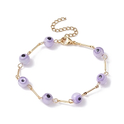 Plum Lampwork Evil Eye Link Chain Bracelets, with Golden Brass Bar Link Chains, Plum, 7 inch(17.8cm)