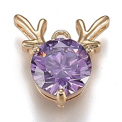 Lilac Golden Plated Brass Micro Pave Cubic Zirconia Charms, Antler Deer Shape, Lilac, 13x12.5x5.5mm, Hole: 1.2mm