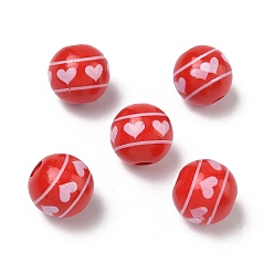Красный Европейские деревянные бусины ко Дню святого Валентина, окрашенные распылением и напечатанные, круглые с сердца шаблона, бусины с большим отверстием, красные, 15~16 мм, отверстие : 4 мм