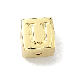 Letter U Латунные бусины, без кадмия и без свинца, долговечный, стойки покрытие, кубические, реальный 18 k позолоченный, Буква U, 6x6x6 мм, отверстие : 1.8 мм