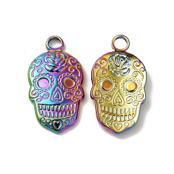Rainbow Color Ионное покрытие (ip) 304 подвеска из нержавеющей стали со стразами, Хэллоуин череп, Радуга цветов, пригодный для стразов 2 мм, 23x12x3 мм, отверстие : 3 мм